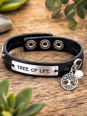 Tree of Life Leather Wrap Bracelet Boho Charm Adjustable Black Silver Pearl NWT